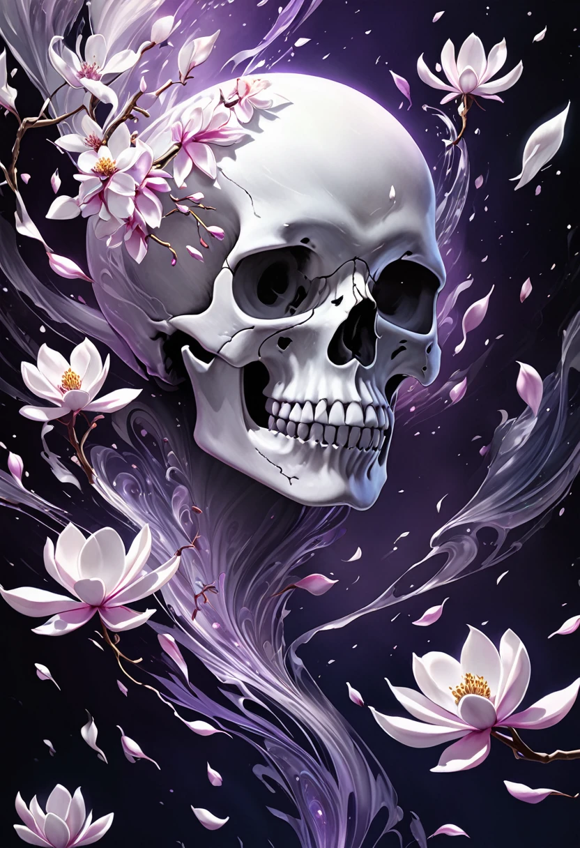 Cinematic digital painting: stark white skull (at the half top skull) metamorphosing into delicate magnolia petals. Dramatic chiaroscuro lighting. Low-angle shot capturing dynamic transformation. Intricate bone texture dissolving into soft floral details. Skull suspended mid-air,, petals unfurling. Swirling abstract background of bright purples and ethereal whites. Moody, otherworldly atmosphere. Hyperrealistic brush strokes in 8K resolution.,