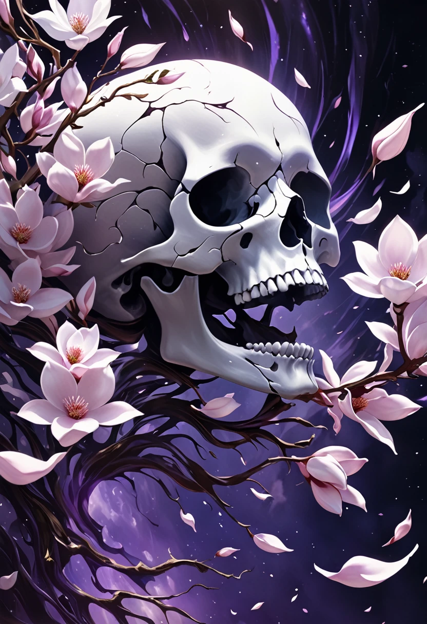 Cinematic digital painting: stark white skull (at the half top skull) metamorphosing into delicate magnolia petals. Dramatic chiaroscuro lighting. Low-angle shot capturing dynamic transformation. Intricate bone texture dissolving into soft floral details. Skull suspended mid-air,, petals unfurling. Swirling abstract background of bright purples and ethereal whites. Moody, otherworldly atmosphere. Hyperrealistic brush strokes in 8K resolution.,