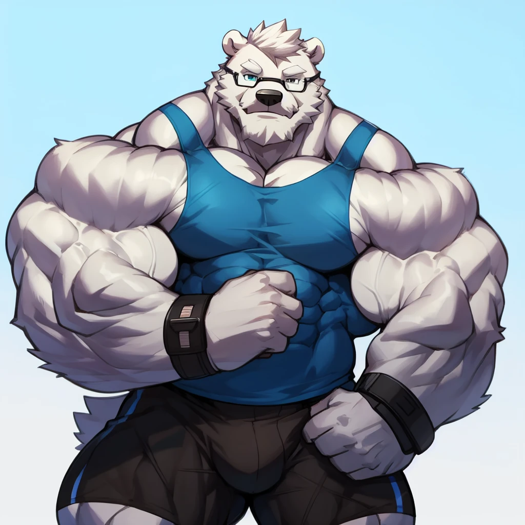 solo, 1boy, Huge Muscular Antarctic Polar Bear wearing glasses, huge white fur, pectoral, huge pectoral, wide pectoral, short white hair, blue colored short pants, blue colored wristbands and blue colored tank top, white bearded, white Mustache, white fur, simple background, masterpiece, high detailed, 8k, high resolution, at the gym, flexes huge muscles