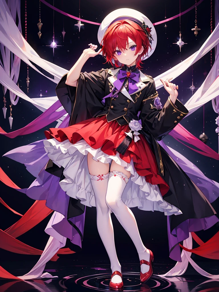 1 boy, Full body shot, ((red hair)), Pretty Boy, ((Purple Eyes)), Idol Costumes, layered skirt, white stockings
