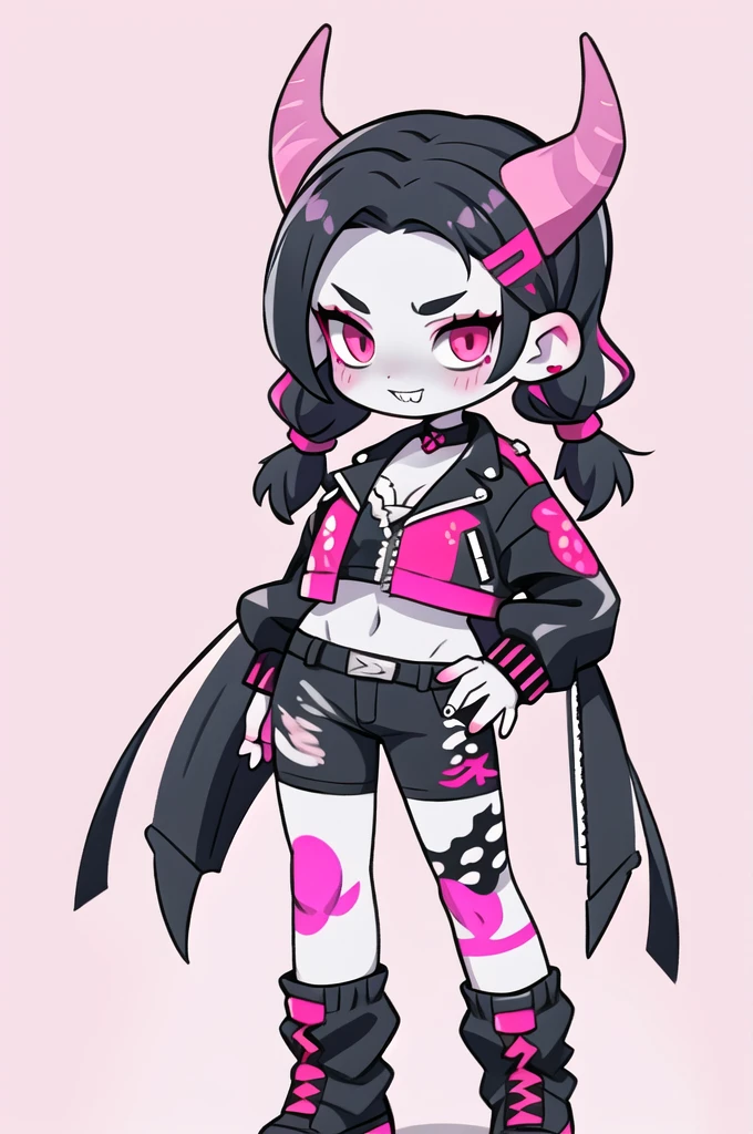 half dragon female with grey skin, with black hair pigtails style, with pink streaks, sharp teeth, biker outfit, dragon tail and dragon horns