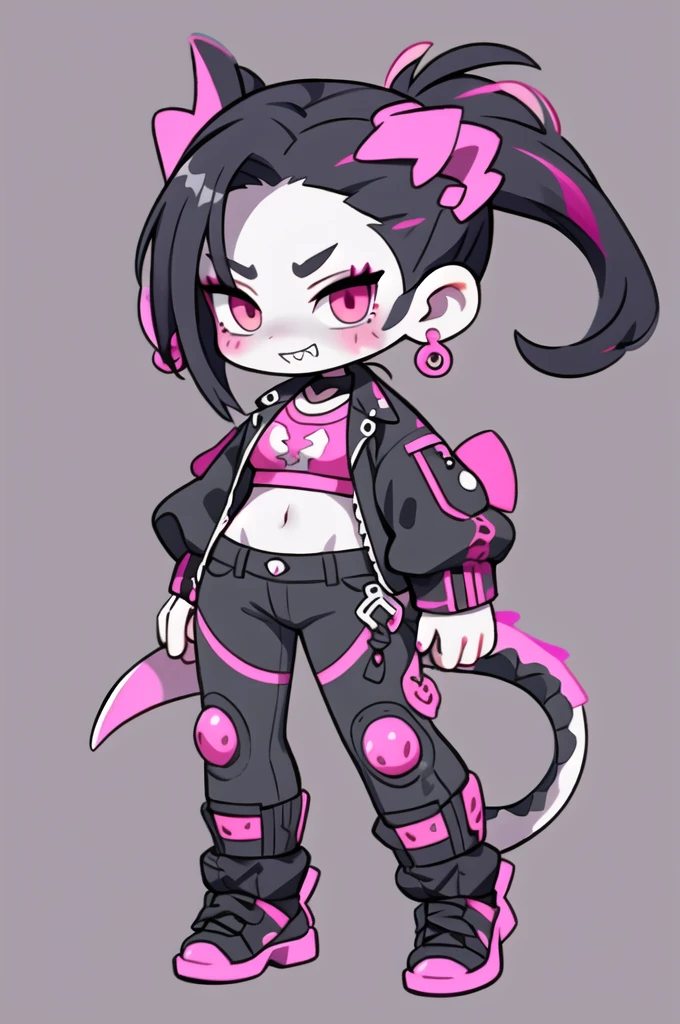 half dragon female with grey skin, with black hair pigtails style, with pink streaks, sharp teeth, biker outfit, dragon tail and dragon horns