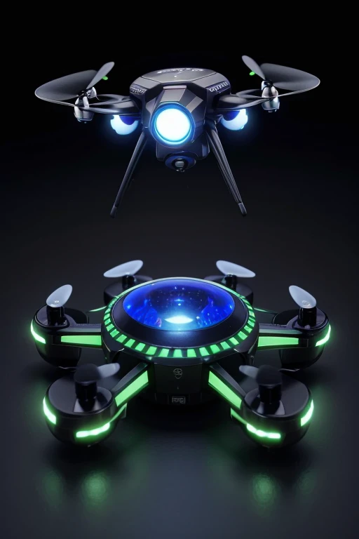 5. Research Nanodrones Visual Description: Small spherical drones with built-in propellers and cameras, displaying green and blue status lights.