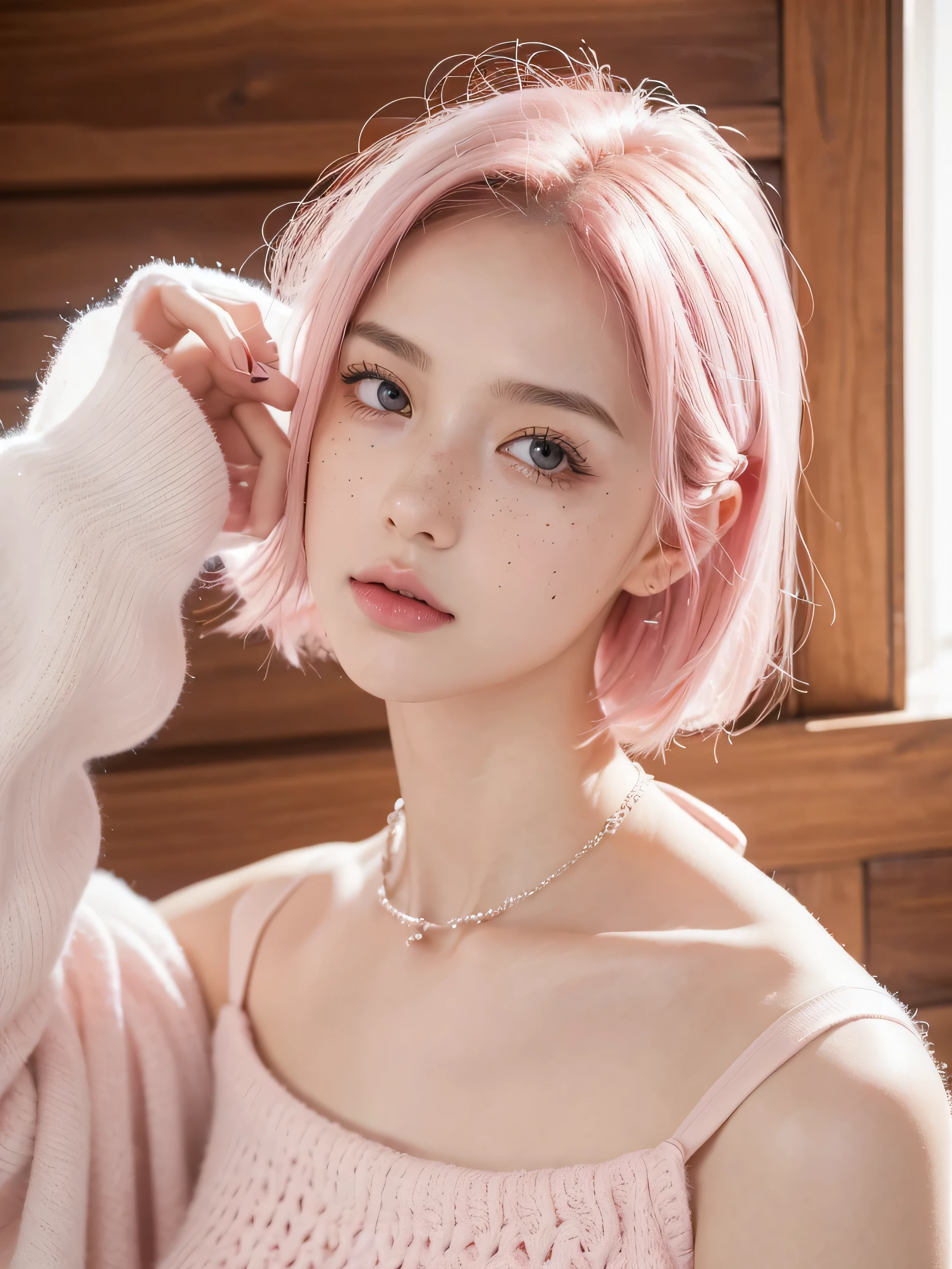 Cute girl short pink hair, with two bows on each side of the hair, all her hair short pink , with a star clip in her pink hair, light colored eyes, pretty eyes, crying eyes, pretty, upturned nose, watery nose, Pretty lips, pink lips, heart and cupid shaped lip, pretty skin, pale, White skin, with moles and freckles all over his face, soft pink blush on the cheeks, natural pink blush, soft pink makeup, Jennie, nice neck, marked collar, frown, tender look, with a kiss necklace, a pretty kiss necklace, similar to Yumeko Jabami, while wearing a Crochet YK2, woolen, with a white pants , while wearing a deep blue top with bear prints, while having a bare abdomen, Delgado, marked and pretty, (big breasts, soft breasts, nice breasts), while she is cosplaying the character Yumeko Jabami, The anime Kakegurui, looking to the camera, full body photography , Clothes Colour 🔵 blue,