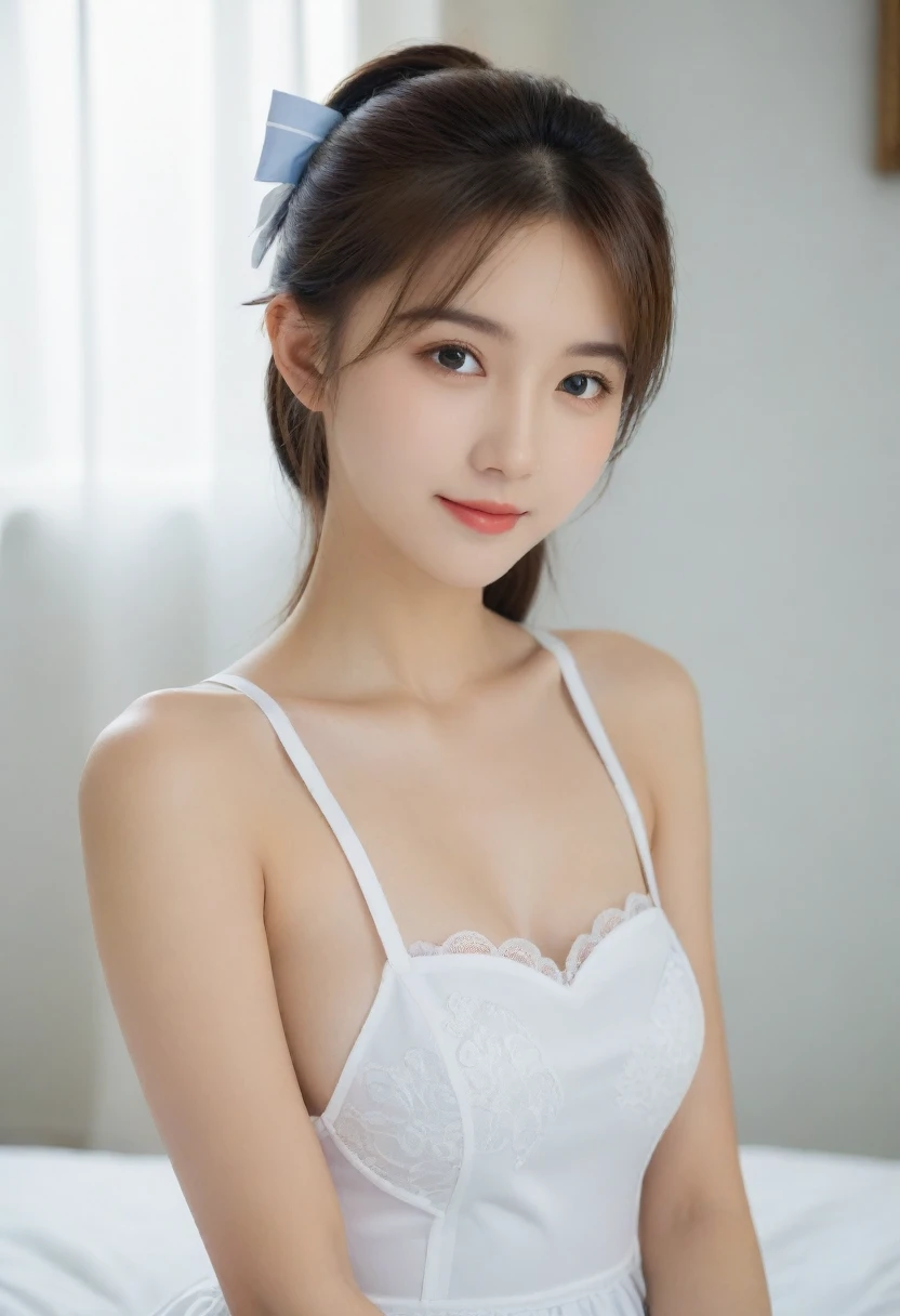 8K, Ultra-high resolution, Highest quality, masterpiece, 三分割法によるphotograph,Surreal, photograph, 1 Girl, (:1.3), pretty girl, Cute face, Beautiful eyes in every detail, 細かくdetailedに,masterpiece,, One Girl:1.2, Virginia Otis 15 year old borg mixed maid female, Mecha Cyborg Girl,Mecha Body Girl,She wears a futuristic mech, victorian maid dress, from the front, From the skirt up,Cute kids room, bed rooautiful leg line beauty,Full of sex appeal,Sensual,A carefree smile,Heal the heart,Short ponytail、beauty,Long neck、Laugh a little、Please close your mouth and laugh、(((Ideal body type))),A cup small breasts :2,、Portraiture:2、Perfect Anatomy、鮮明なdetailed、detailed、Surreal、Light and shadow,Strong light