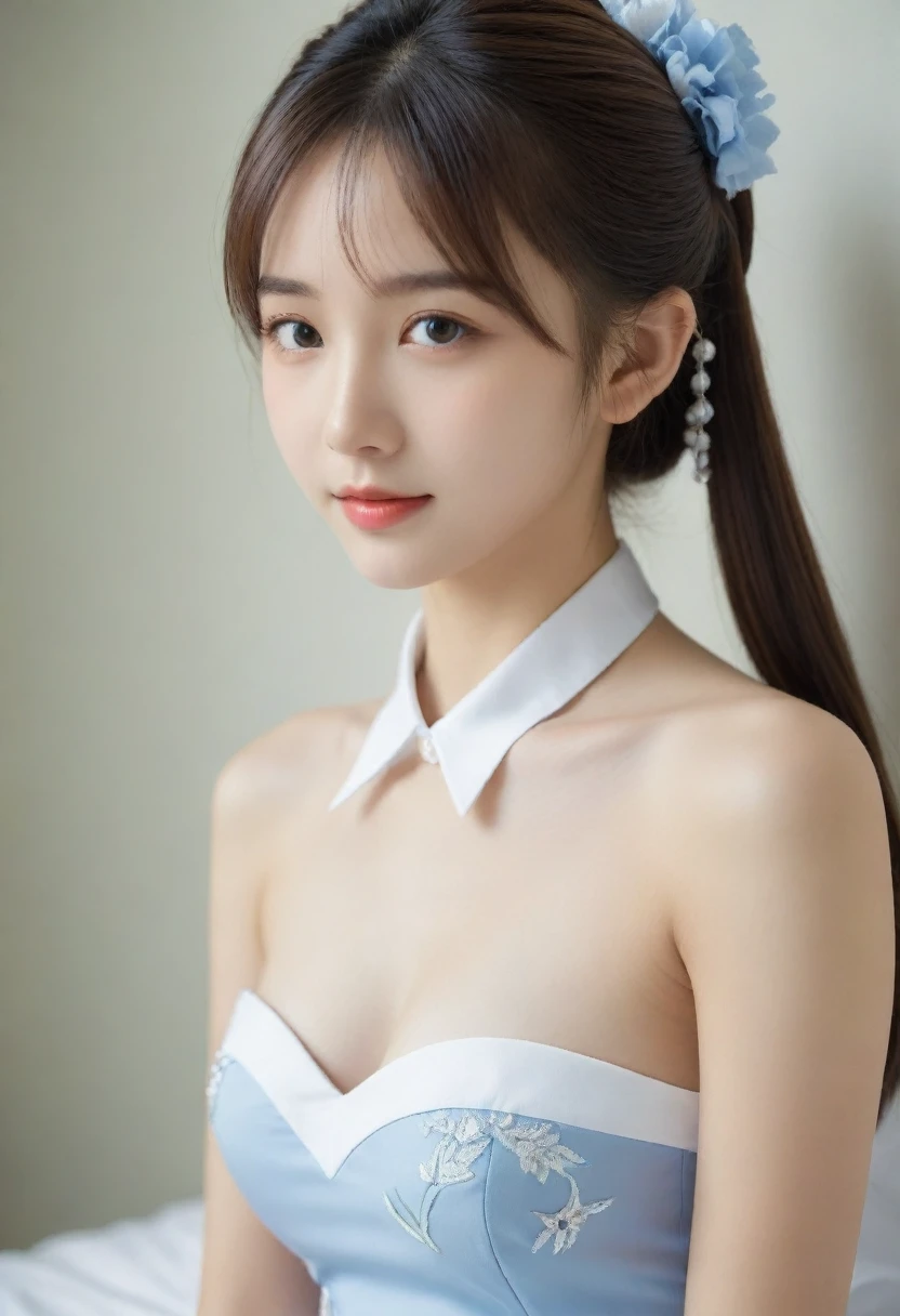 8K, Ultra-high resolution, Highest quality, masterpiece, 三分割法によるphotograph,Surreal, photograph, 1 Girl, (:1.3), pretty girl, Cute face, Beautiful eyes in every detail, 細かくdetailedに,masterpiece,, One Girl:1.2, Virginia Otis 15 year old girl、美しい cyborg mixed maid female, Mecha Cyborg Girl,Mecha Body Girl,She wears a futuristic mech, victorian maid dress, from the front, From the skirt up,Cute kids room, bed room, bed,Beautiful leg line beauty,Full of sex appeal,Sensual,A carefree smile,Heal the heart,Short ponytail、beauty,Long neck、Laugh a little、Please close your mouth and laugh、(((Ideal body type))),A cup small breasts :2,、Portraiture:2、Perfect Anatomy、鮮明なdetailed、detailed、Surreal、Light and shadow,Strong light