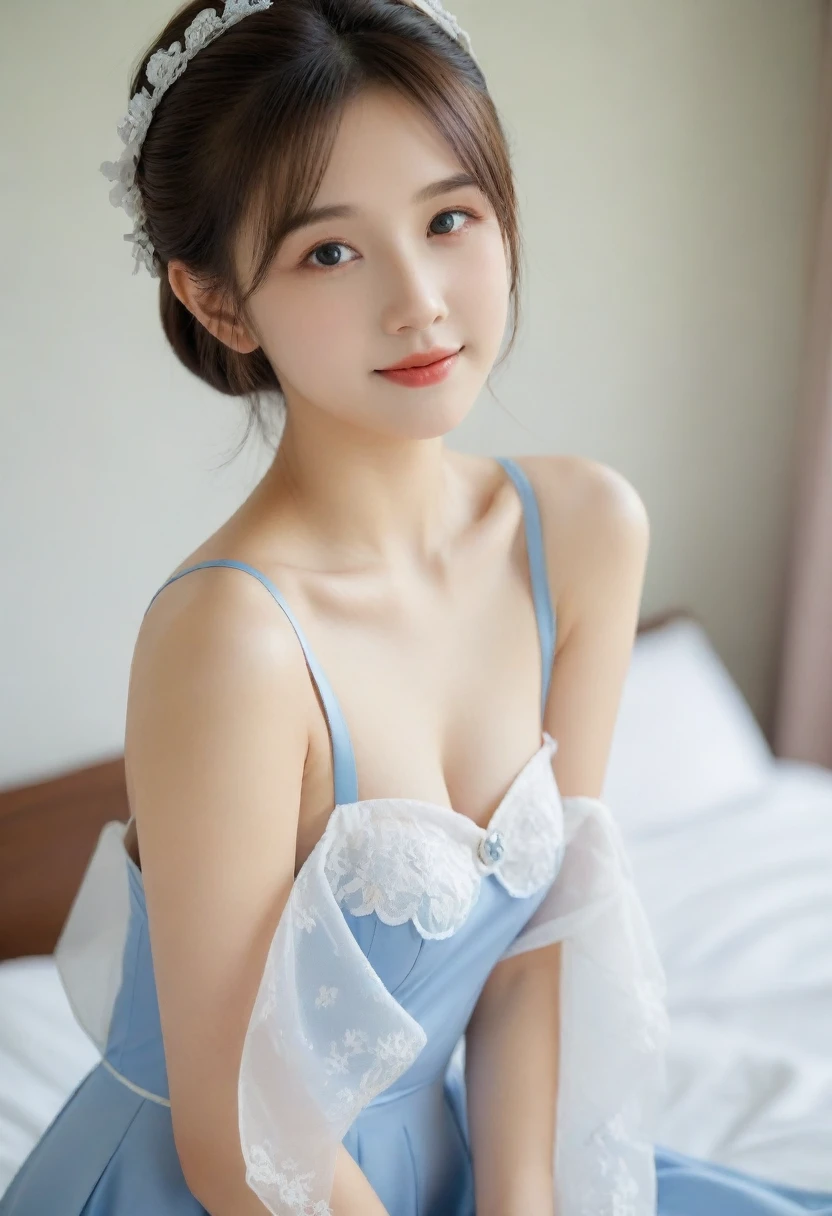 8K, Ultra-high resolution, Highest quality, masterpiece, 三分割法によるphotograph,Surreal, photograph, 1 Girl, (:1.3), pretty girl, Cute face, Beautiful eyes in every detail, 細かくdetailedに,masterpiece,, One Girl:1.2, Virginia Otis 15 year old girl、美しい cyborg mixed maid female, Mecha Cyborg Girl,Mecha Body Girl,She wears a futuristic mech, victorian maid dress, from the front, From the skirt up,Cute kids room, bed room, bed,Beautiful leg line beauty,Full of sex appeal,Sensual,A carefree smile,Heal the heart,Short ponytail、beauty,Long neck、Laugh a little、Please close your mouth and laugh、(((Ideal body type))),A cup small breasts :2,、Portraiture:2、Perfect Anatomy、鮮明なdetailed、detailed、Surreal、Light and shadow,Strong light
