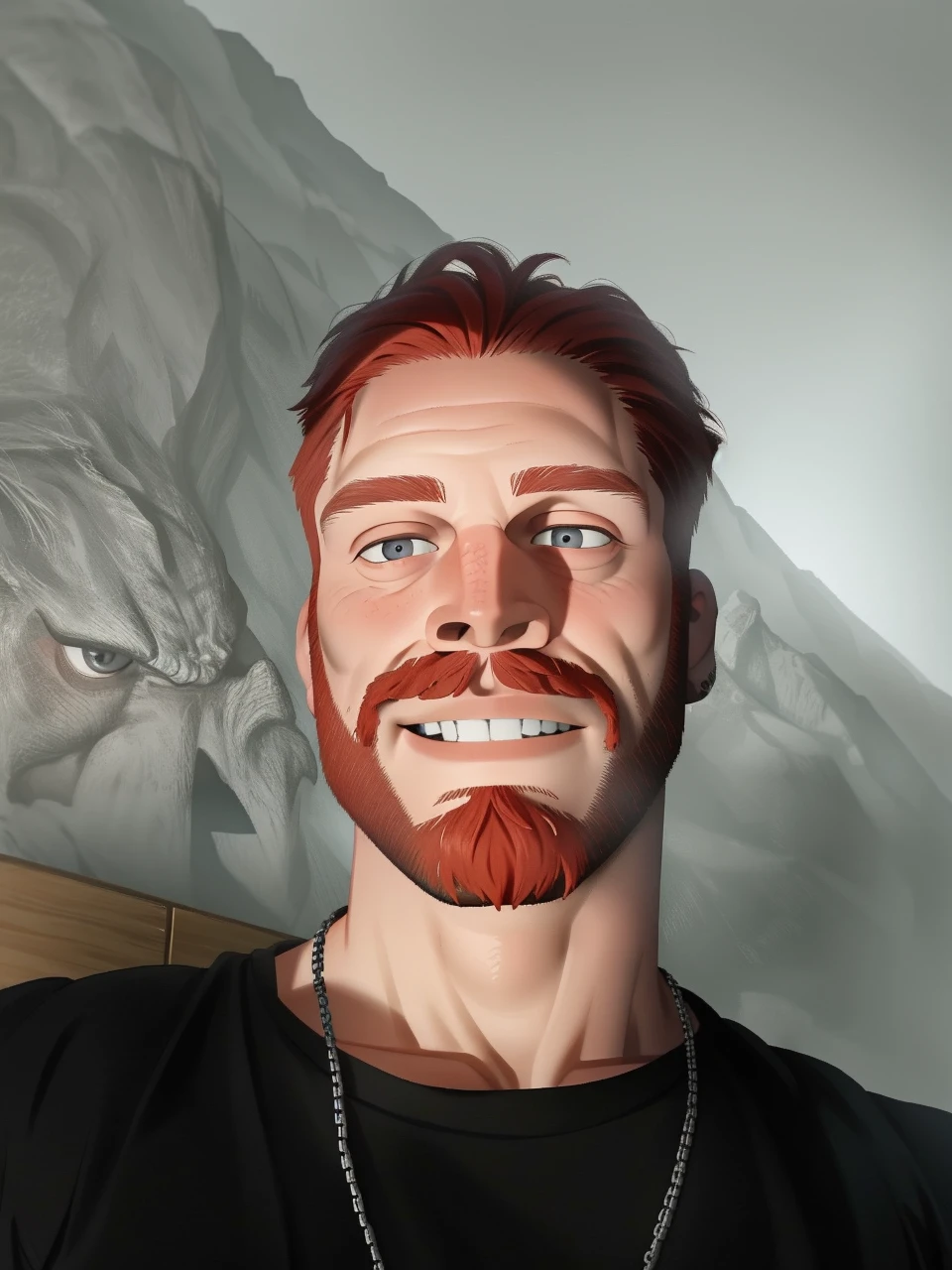Ingólfr Einarr is a 40-year-old red-haired Viking man with a full beard, outgoing, muscular and very attractive, who wears his imposing medieval armor. hyper detailed and super realistic. cartoon style. Ingólfr Einarr raising his arm and holding a mug of beer