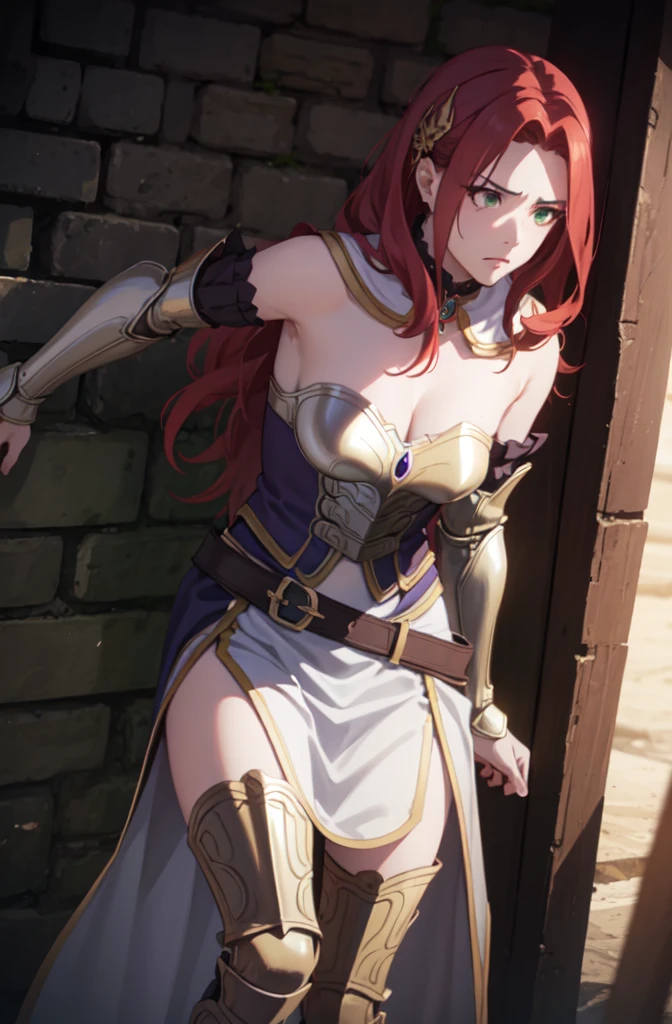 photorealistic, (4k), depth of field, (Masterpiece), (realistic skin texture), extremely detailed, intricate, hyper detailed, professional photography, bokeh, high resolution, sharp detail, best quality, girl, long hair, red hair, green eyes, armor, breastplate, detached sleeves, white cape, long skirt, (purple skirt), black leather belt, arm guards, hair ornament,  dynamic pose, leaning back against a wall, annoyed,  