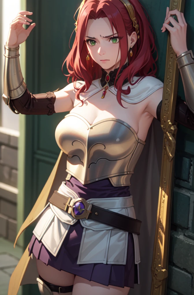 photorealistic, (4k), depth of field, (Masterpiece), (realistic skin texture), extremely detailed, intricate, hyper detailed, professional photography, bokeh, high resolution, sharp detail, best quality, girl, long hair, red hair, green eyes, armor, breastplate, detached sleeves, white cape, long skirt, (purple skirt), black leather belt, arm guards, hair ornament,  dynamic pose, leaning back against a wall, annoyed,  