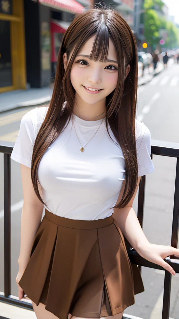Tabletop, Highest quality, shape, Very detailed, In detail, High resolution, 8k wallpaper, Perfect dynamic composition, Beautiful attention to detail,Long Hair、smile,20-year-old girl、cute、A sexy look for the camera、Private Server、shopping、city、T-Shirts、Big Breasts、A big bust that seems to burst、mini skirt、Brown Hair、Super long hair、