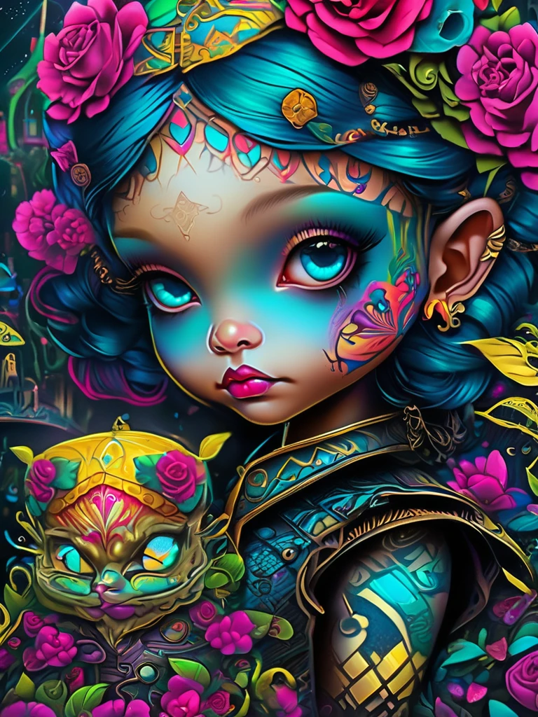 a close up of a person with a colorful face and a tattoo, cyberpunk art inspired by Jasmine Becket-Griffith, trending on cgsociety, gothic art, cute detailed digital art, acid pixie, hyper detailed digital art, dark but detailed digital art, evil. vibrant colors. cute, alice in wonderland cyberpunk, 4k highly detailed digital art, gorgeous digital art
