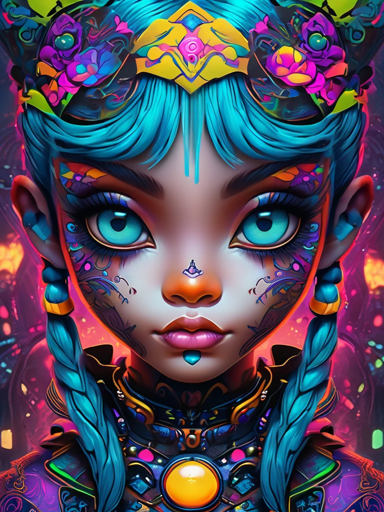 a close up of a person with a colorful face and a tattoo, cyberpunk art inspired by Jasmine Becket-Griffith, trending on cgsociety, gothic art, cute detailed digital art, acid pixie, hyper detailed digital art, dark but detailed digital art, evil. vibrant colors. cute, alice in wonderland cyberpunk, 4k highly detailed digital art, gorgeous digital art