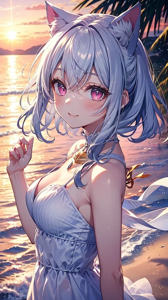 Highly detailed face, water effects、Light effects,medium ,pretty girl,smile,Cat ear,Beautiful silver hair,Pink inside,Beautiful pink eyes ,an orange、pink there、Yellow blends to fill the sky、The sunset over the beach is truly mesmerizing。The crystal clear sea gently kisses the shore、White sand beaches stretch everywhere。Seagulls soar high into the sky、It is a dynamic and breathtaking scene with palm trees gently swaying。Embrace a calm atmosphere、Peace washes you,dress