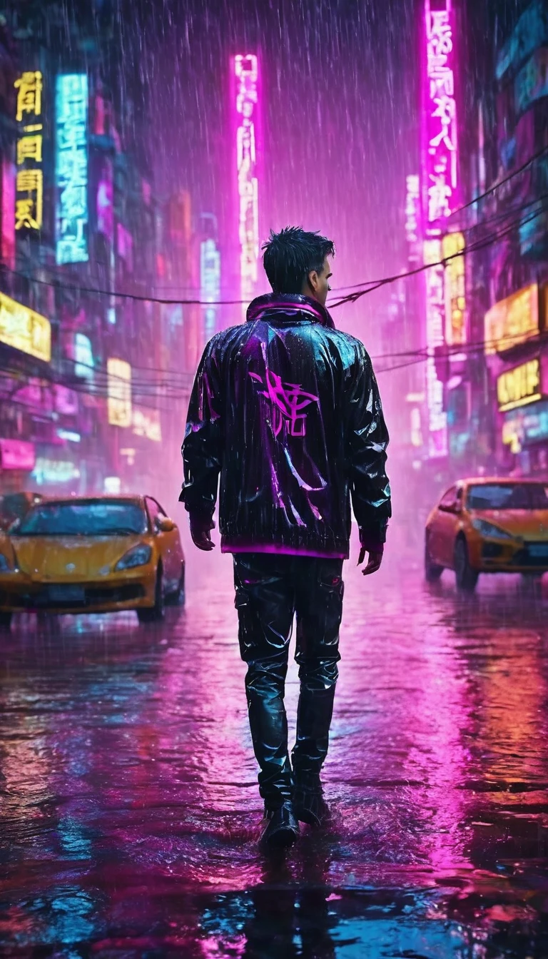 (Masterpiece, Best Quality, high resolution, 32k drive wallpaper, Extremely detailed CG:1), (weak illustration on stage:1.0), ((1 handsome young man:1.55 by cyberpunk:1.5 dancing in the rain:1.54 )),(( cyberpunk night city:1.4)), neon signs futuristic cars,dark place rain, ((wet clothes magenta neon lights perfectly illuminating the young man:1.45) . 32k