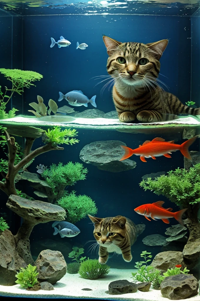 3D happy Cat watching fishes in the aquarium