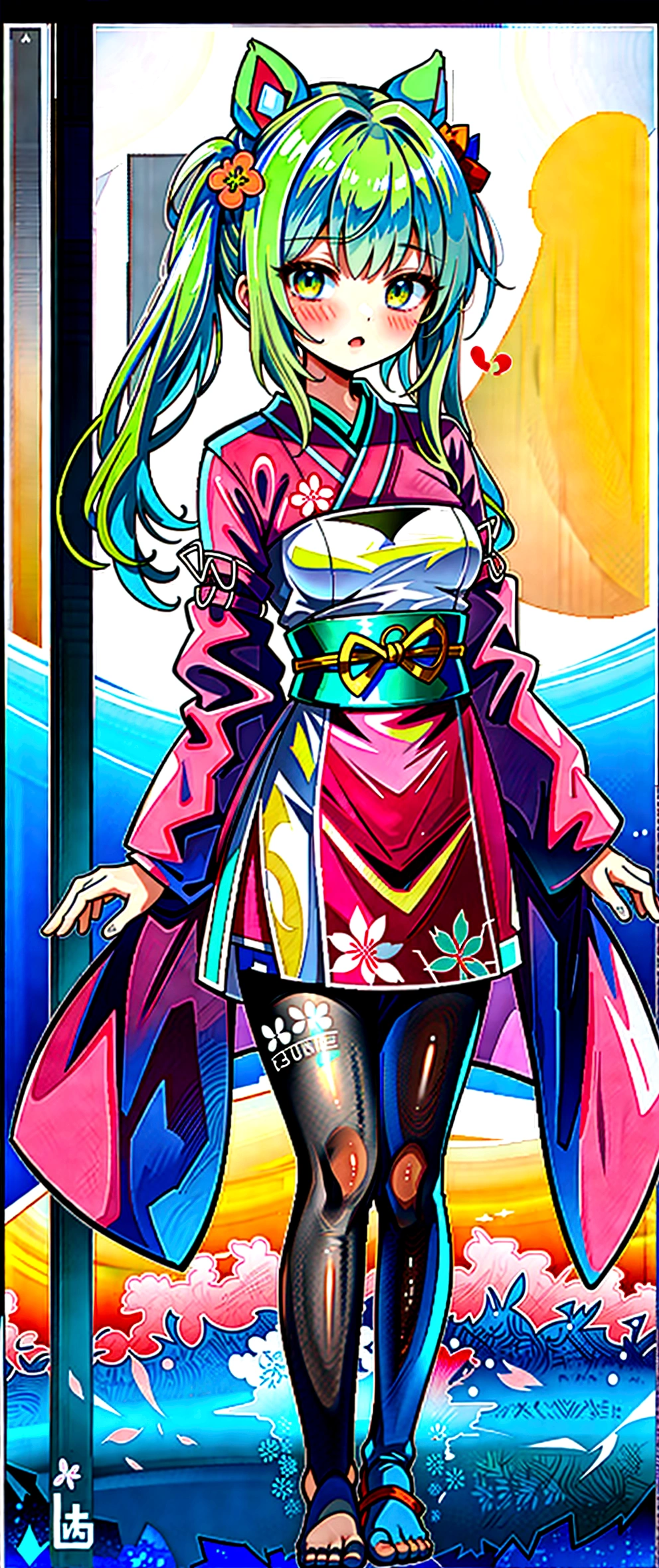 Yamata no Orochi personified))) (Beautiful woman in training), Snake print tights, (((Japanese style clothing, gothic, lolita))) (Dark green hair), (Holding a Japanese sword)