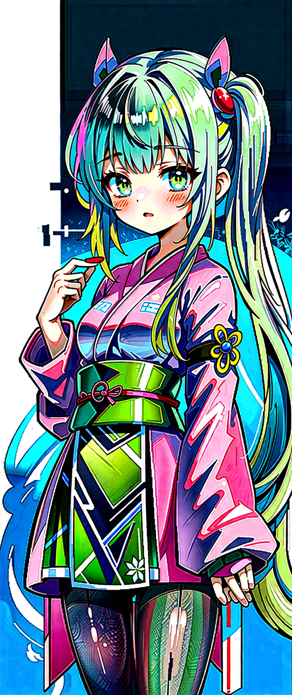 Yamata no Orochi personified))) (Beautiful woman in training), Snake print tights, (((Japanese style clothing, gothic, lolita))) (Dark green hair), (Holding a Japanese sword)