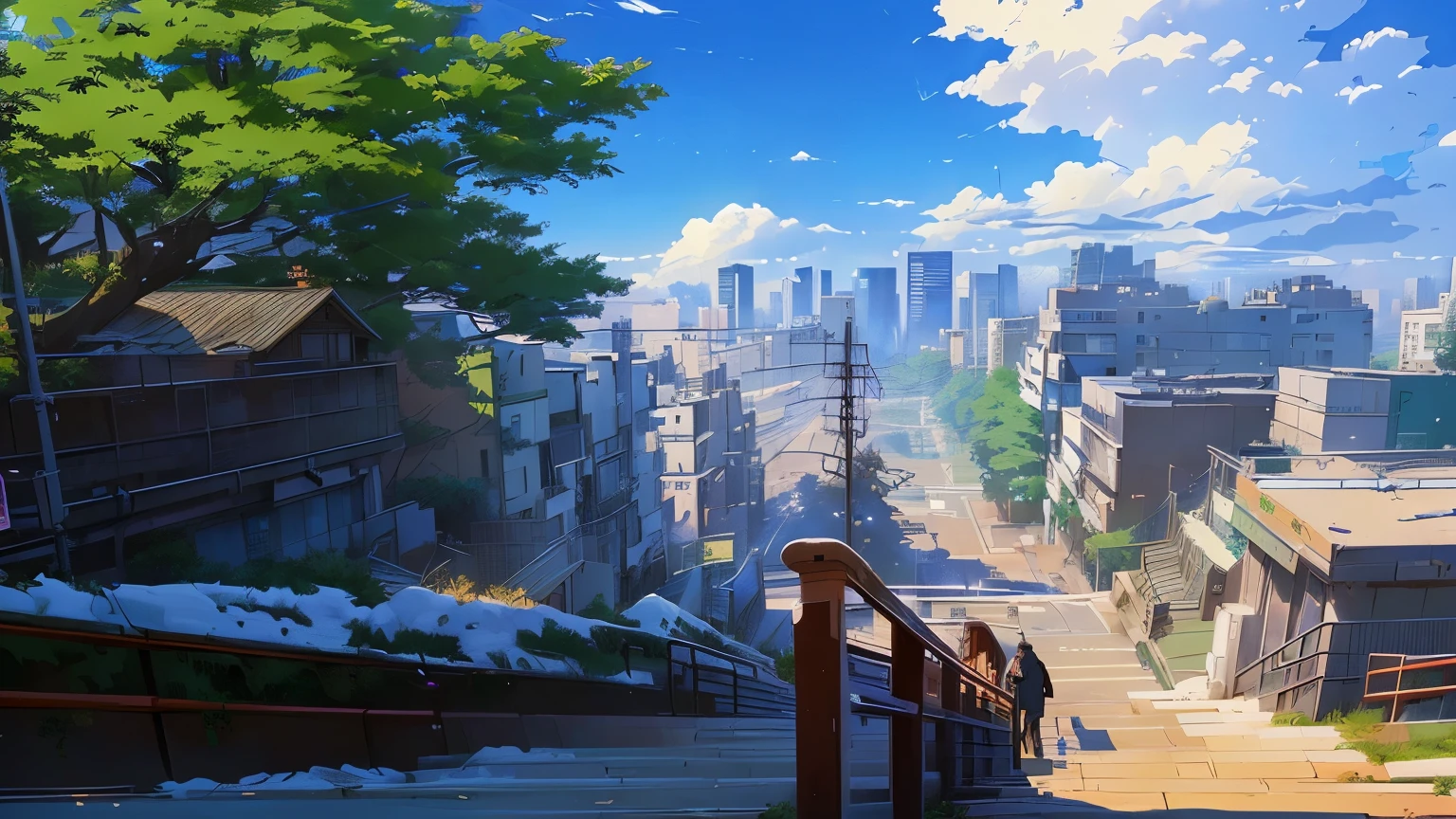 there is a painting of a city with a staircase going up it, tokyo anime scene, overgrowth. by makoto shinkai, style of makoto shinkai, makoto shinkai. high detail, makoto shinkai. —h 2160, studio glibly makoto shinkai, by makoto shinkai, by Makoto Shinkai