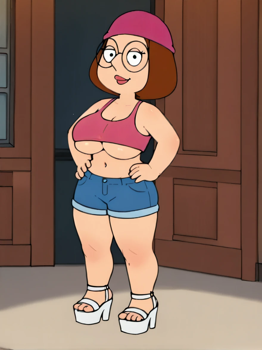 meg, brown hair, 1girl, glasses, solo, short hair, flat color, blue booty shorts, beanie, pink bikini top,standing, hand on own hip, looking at viewer, smile, massive breasts, underboobs, thick thighs, thin waist, tall open-toe platform high heels