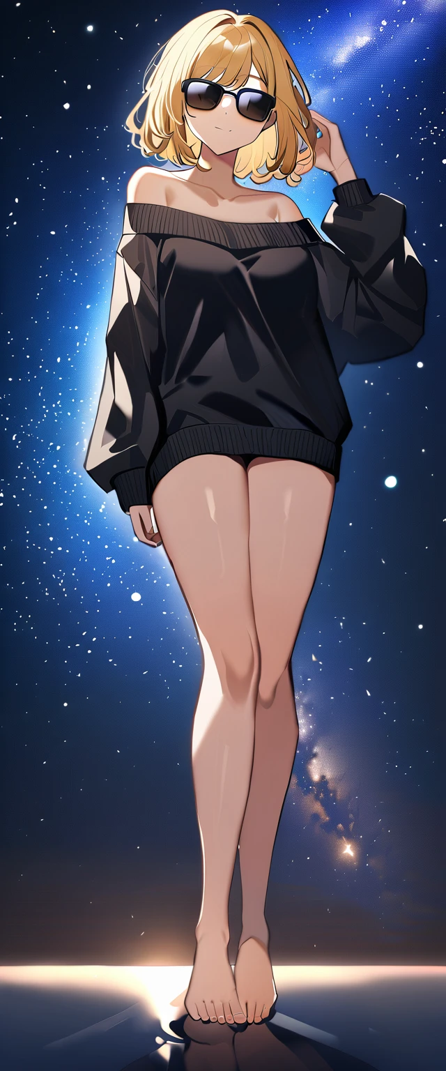 (((a starry sky, the Milky Way shining beautifully in the night))), ((bare legs)), (((sunglasses, hand to sunglasses))), ((())), ((wavy hair, inward curled hair)), (()), ((blond hair, bob cut:1.3)), breasts, teenager, (looking at viewer), oversized clothes, puffy long sleeves, ((off-shoulder sweater:1.3, Quite thick shoulder straps)), ((black sweater)), collarbone, head tilt:1.3, (((blue eyes))), ((happy smile)), (((anime style))), (best quality, 4K, 8K, highres, masterpiece:1.2, ultra-detailed, ultra-detailed eyes, HDR, uhd, studio lighting, ultra-fine painting, sharp focus, physically-based rendering, extreme detail description, professional, vivid colors, bokeh)