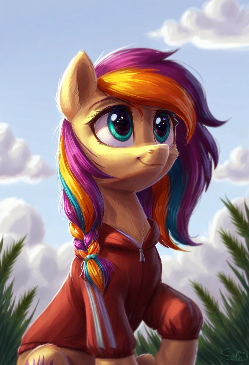 (score_9), starscout sunny pony wearing Sweatshirt Nike, (White Background background: Full), very cute, detailed mane and fur, fluffy, (body fur), blurry, beautiful, cloudy_Sky cloud, gradient_Sky, day, high detail, digital art style, soft diffuse lighting, dutch angle,