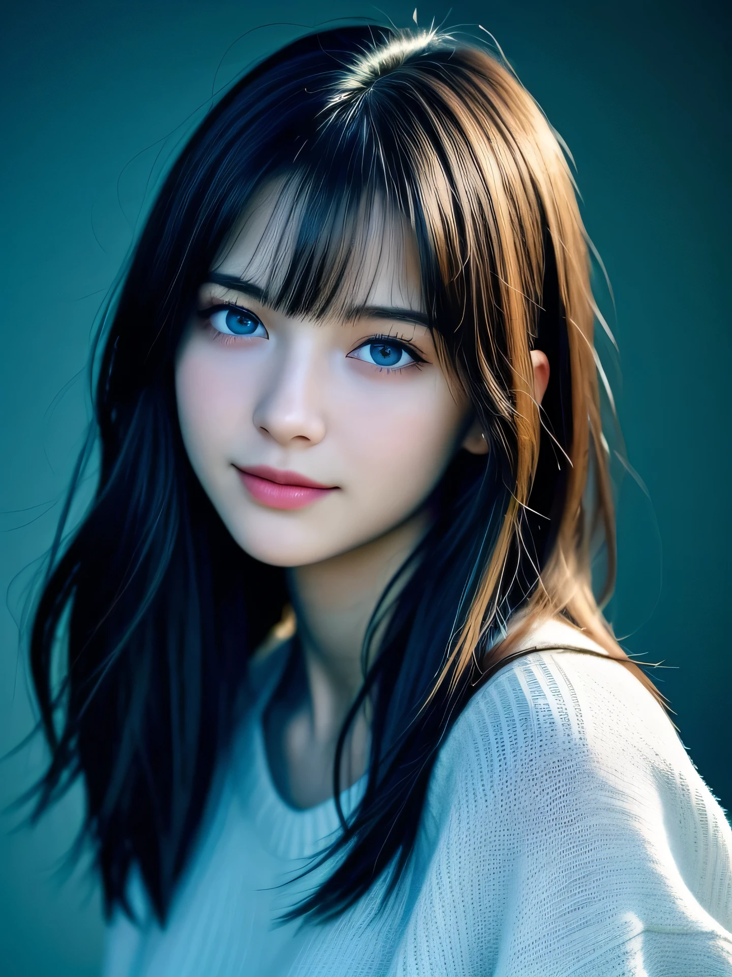 (Photo Real:1.4), (hyper realisitic:1.4), (Smooth lighting:1.05), 1 girl, teenager, blue eyes, happy, shy, smile, looking away, Close-up of the face, Soft lighting, Back lighting, (Finest Real Textured Skins), Super fine face, glowy skin, retinas, Anatomically correct, (Wavy medium Hair:1.1), bangs, Textured skin, High quality, high details, Best Quality, High resolution, black sweater