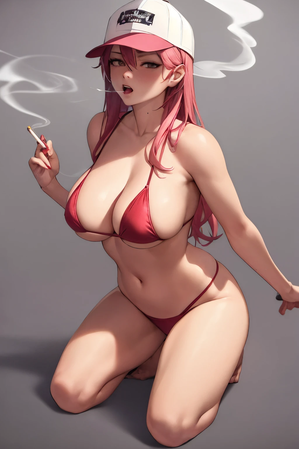 ((best quality)), ((masterpiece)), (detailed), 1 girl, (wearing red bikini , and a plain blue trucker hat ) smoking marijuana joint , hot sexual seductive look, hot, sexy, sex face, big breast, perfect face, long pink hair, prefect body, full body, plain background