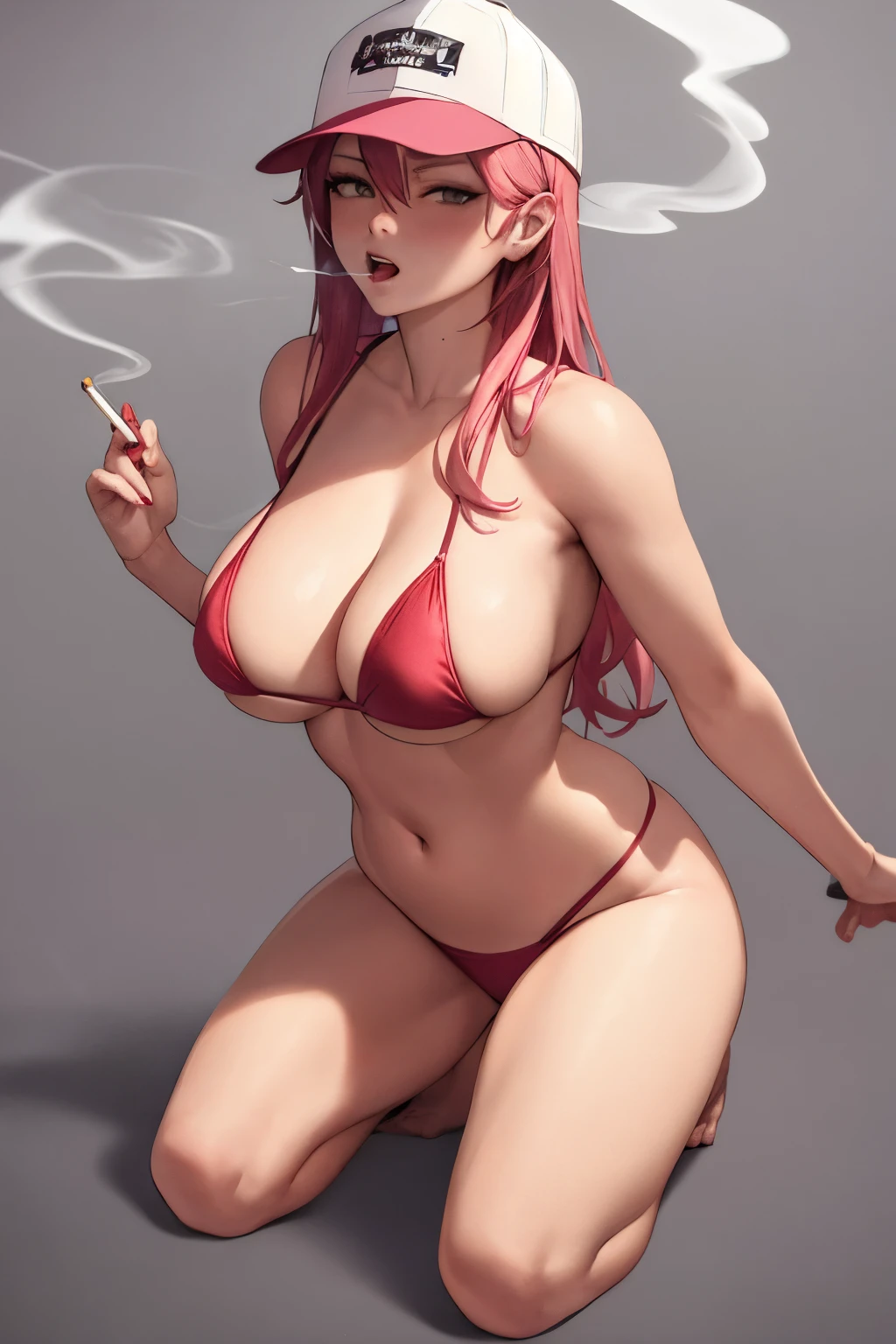 ((best quality)), ((masterpiece)), (detailed), 1 girl, (wearing red bikini , and a plain blue trucker hat ) smoking marijuana joint , hot sexual seductive look, hot, sexy, sex face, big breast, perfect face, long pink hair, prefect body, full body, plain background