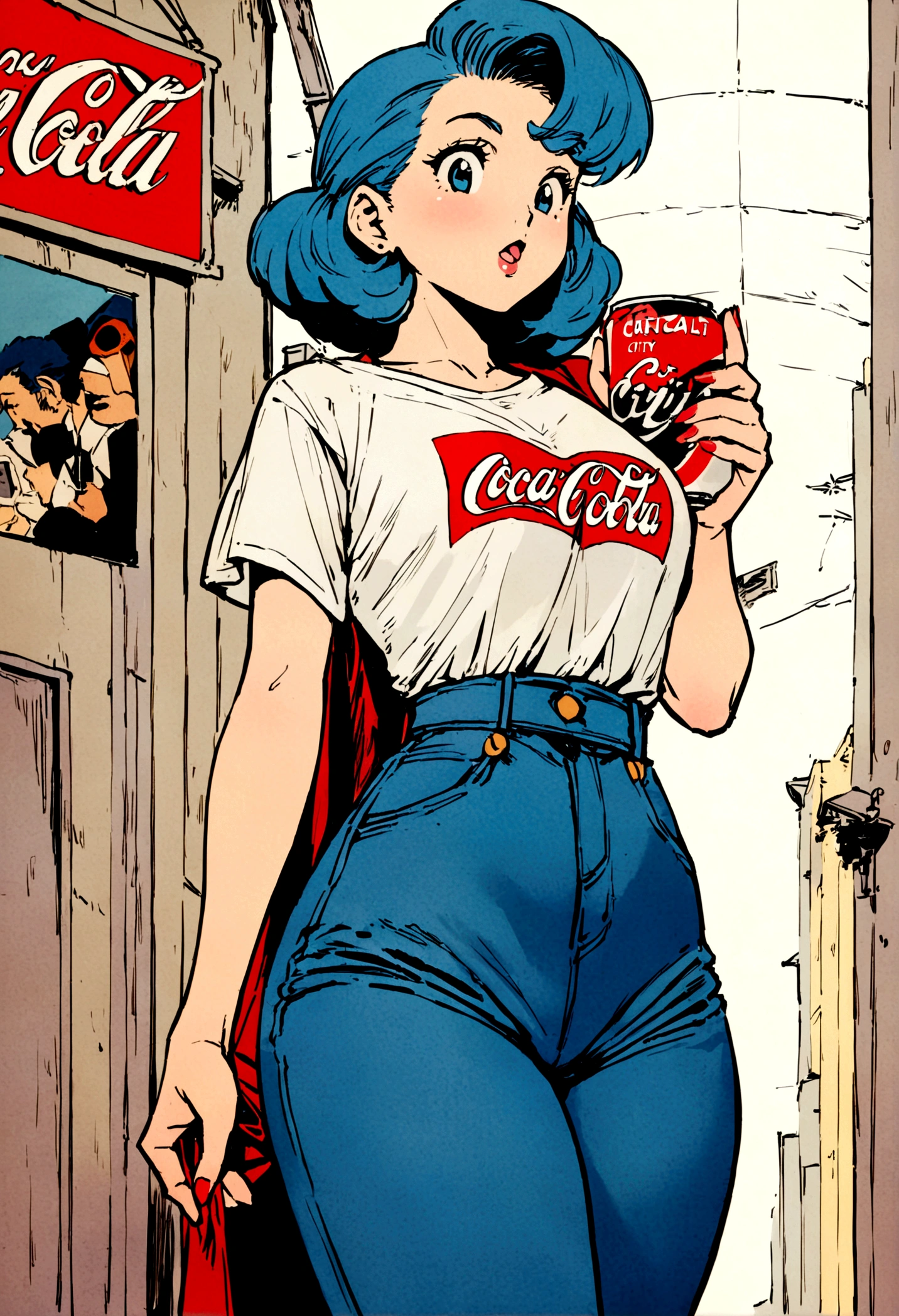 (vintage),(Retro),(Cartel), coca cola advertising with perfect girl, clothing oversized blue jeans and white t-shirt with open waist(sexy), military environment, Masterpiece, comics(tokyo city) (1990)