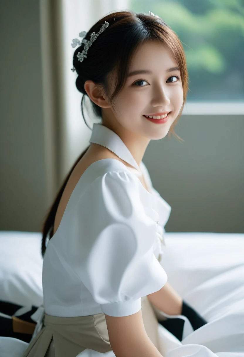 8K, Ultra-high resolution, Highest quality, masterpiece, 三分割法によるphotograph,Surreal, photograph, 1 Girl, (:1.3), pretty girl, Cute face, Beautiful eyes in every detail, 細かくdetailedに,masterpiece,, One Girl:1.2, Virginia Otis 15 year old girl、美しい cyborg mixed maid female, Mecha Cyborg Girl,Mecha Body Girl,She wears a futuristic mech, victorian maid dress, from the front, From the skirt up,Cute kids room, bed room, bed,Beautiful leg line beauty,Full of sex appeal,Sensual,A carefree smile,Heal the heart,Short ponytail、beauty,Long neck、Laugh a little、Please close your mouth and laugh、(((Ideal body type))),A cup small breasts :2,、Portraiture:2、Perfect Anatomy、鮮明なdetailed、detailed、Surreal、Light and shadow,Strong light