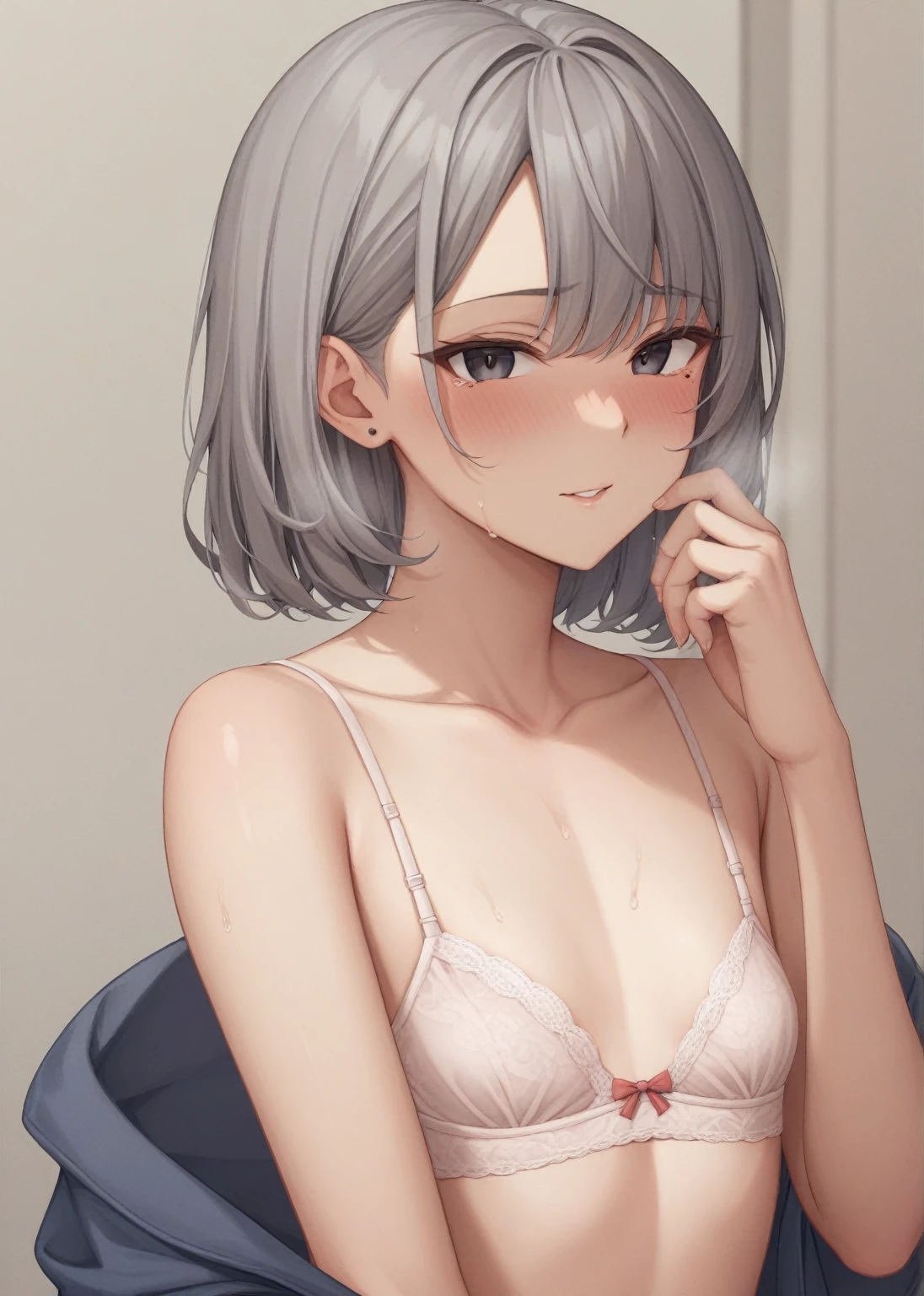 One person、masterpiece、Highest quality、Super detailed、High resolution illustrations、Improve skin quality、Increase eye appeal、Drawn in detail、Perfect body structure、Old woman、Are thin、Tall、Take off your clothes、Showing off a beige bra、Remove the bra、Flat chest、Small breasts、Skin blemishes、Skin wrinkles、Aged skin、Wrinkled skin、Fat on the stomach、Outdoor park、blush、Embarrassing、Bad mood、Sweat it out、Sigh、Heat、Black eyes filled with tears、Downcast eyes、mole、straight long gray hair、