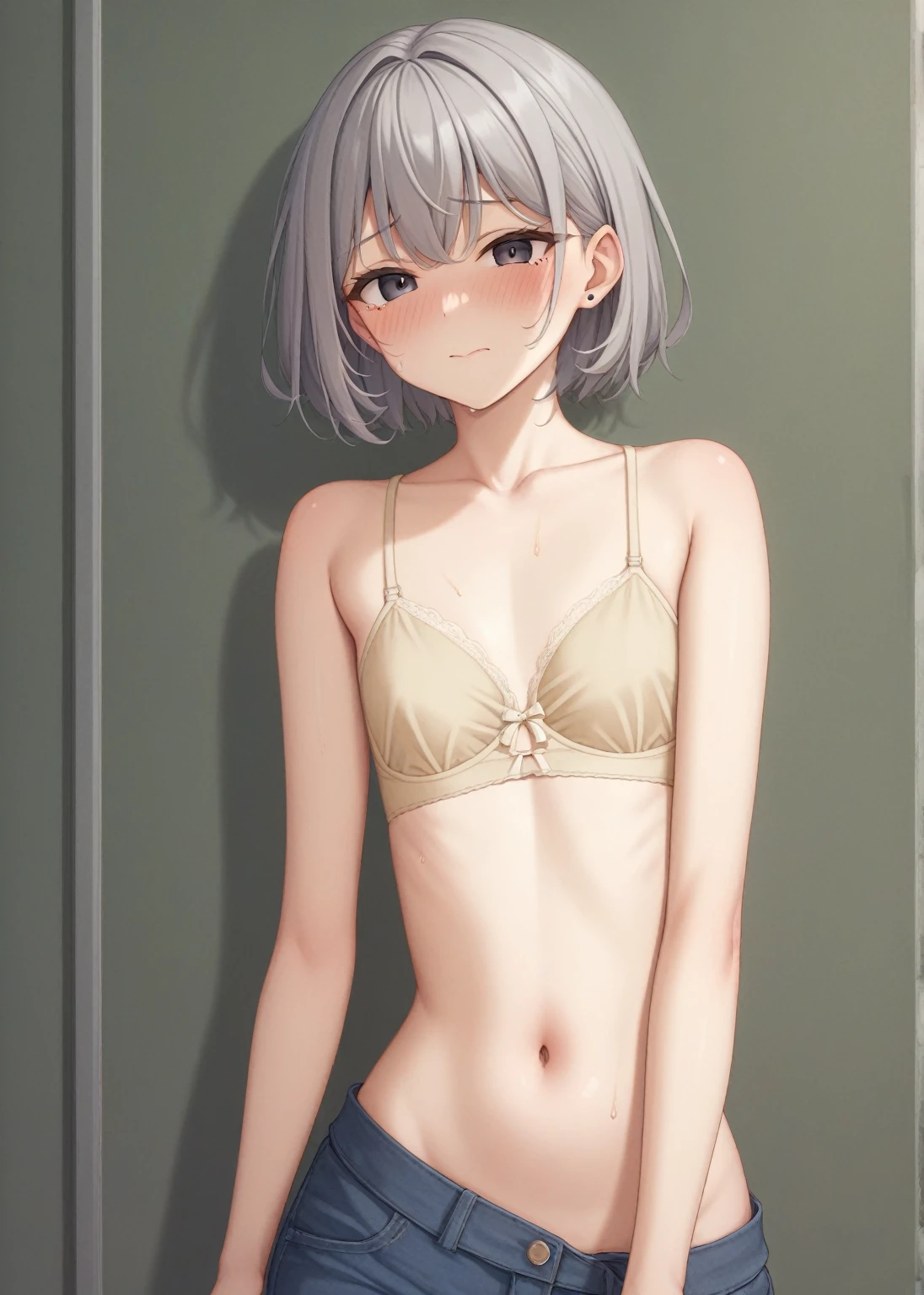 totsuka_almost_yahariorenoseishunlovecomewamachigatteiru grey_hair, short_hair, male_focus, blue_eyes, blush, smile, lingerie, lingerie , thick thighs, saliva, drooling, blush, excited, semen on the body, flat chest, arms behind the back 