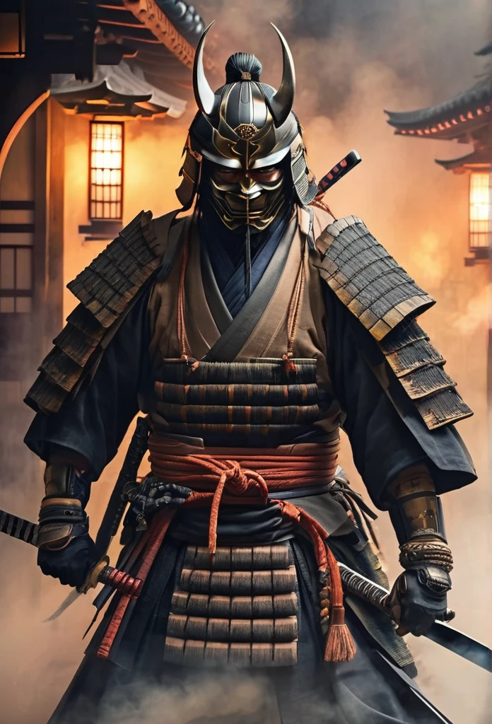 A Japanese ancient samurai ronin with magnificent mask in portrait, Japanese seigan no kamae katana position, the atmosphere is heavy and sad. It's very detailed and in the atmosphere of the old quarter of the time, background with fire qnd smoke and fog, BEST quality, masterpiece,extreme intrincate detail and textures, dark clouds