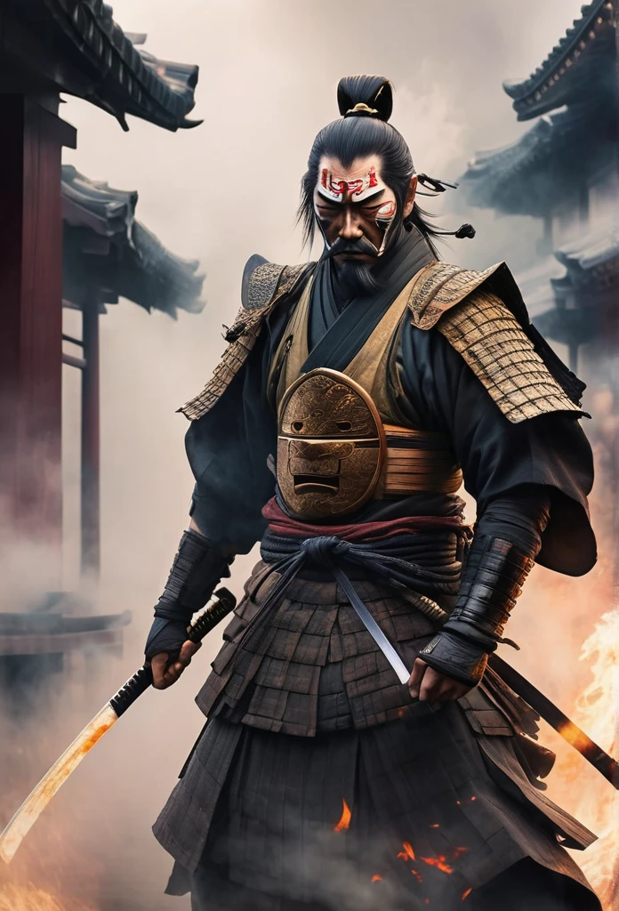 A Japanese ancient samurai ronin with magnificent mask in portrait, Japanese seigan no kamae katana position, the atmosphere is heavy and sad. It's very detailed and in the atmosphere of the old quarter of the time, background with fire qnd smoke and fog, BEST quality, masterpiece,extreme intrincate detail and textures, dark clouds