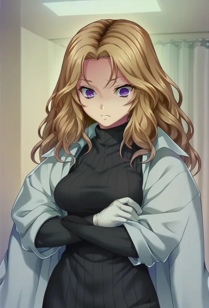 amamiya sb, blonde hair, long hair, parted bangs, purple eyes, black sweater, turtleneck, labcoat, white latex gloves, hospital private room