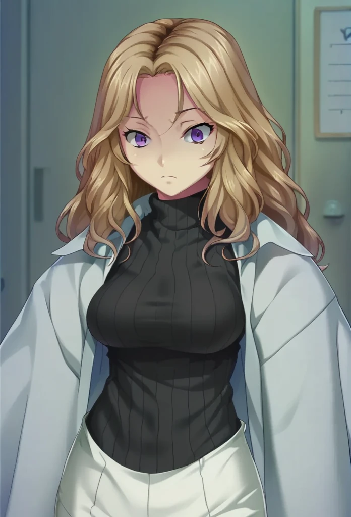 amamiya sb, blonde hair, long hair, parted bangs, purple eyes, black sweater, turtleneck, labcoat, white latex gloves, hospital private room