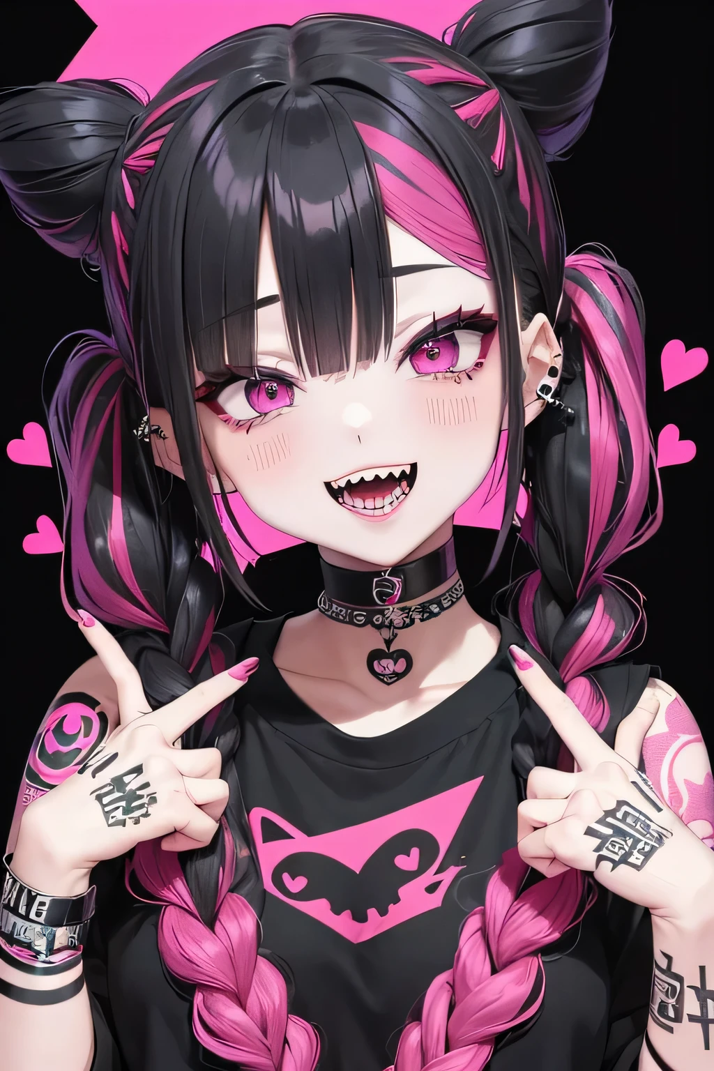 kpop girl, psycho minacing open mouth laugh, heart eyes, lust, bad ass, black, shows open smile sharp teeth, fadecut pink hair and with long braids, tattoos on hands and neck, piercing, black mixed pink striped sweater, cool badass pose, smoke background, pink alien, space buns

