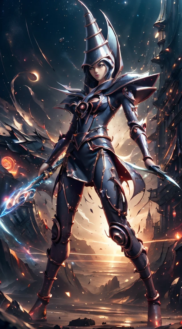 A woman adorned in fantasy style full body armor., a completely closed helmet with a crown concept that reveals only your eyes, a composite layered thoracic plate, Full-encompassing shoulder and hand protectors, a light waist armor, fitted shin guards, the overall design is sturdy but flexible, (the armor shines with a golden shine, complemented with red and blue details), exhibiting a noble aura, she floats over a fantastic, surreal high-tech city, This character embodies a surreal fantasy style armored hero finely crafted in anime style, exquisite and mature manga art style, (Queen Bee Conceptual Armor, plasma, blood), ((element, was a mecha, long legs, elegant, goddess, Females:1.5)), metallic, High Definition, Best Quality, high resolution, ultra detailed, ultrafine paint, extremely delicate, professional, anatomically correct, symmetrical face, extremely detailed eyes and face, high quality eyes, Creativity, photo and gross, UHD, 32k, natural light, cinematic lighting, Masterpiece-anatomy-perfect, Masterpiece:1.5