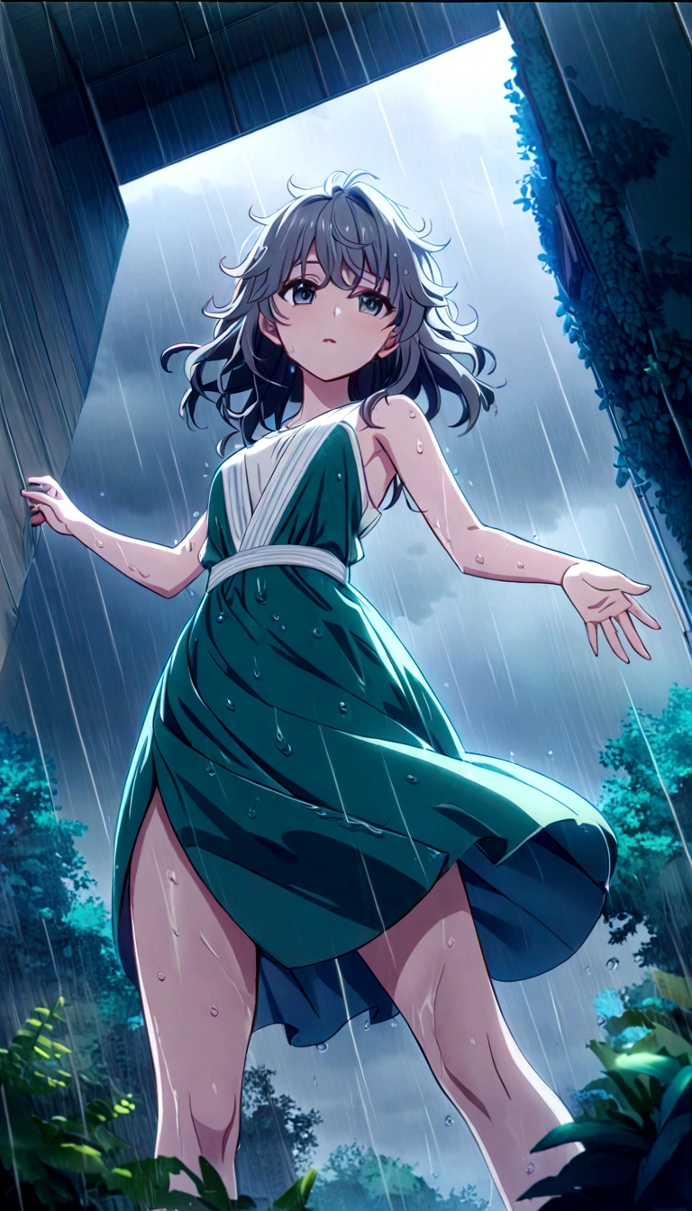 score 9, source anime, from below, a young girl dancing in the rain, dynamic pose, perfect face, playful expression, messy hair, wet skin, rain drops, outdoor garden scene, lush green foliage, overcast sky, dramatic lighting, moody colors, cinematic, best quality, 8k, highres, masterpiece, ultra-detailed,