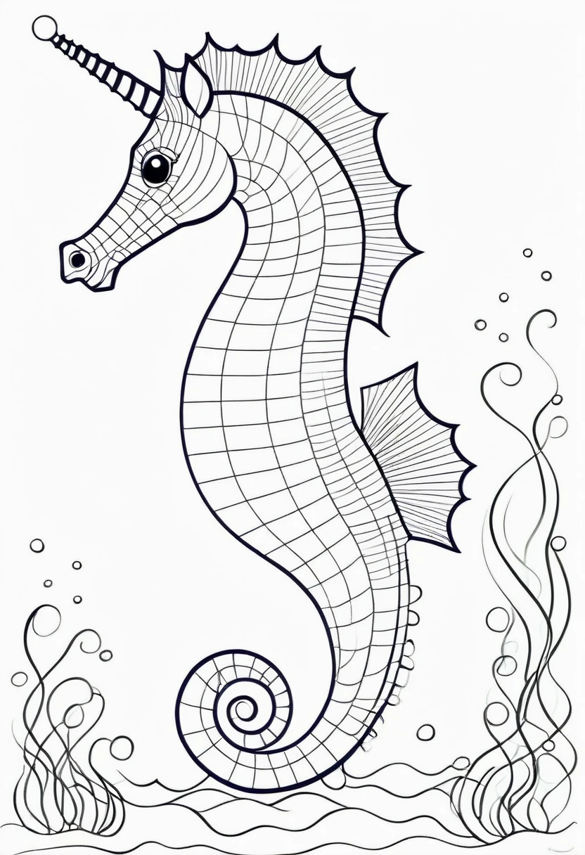 coloring page for kids, sea horse , thick lines, drawing, white background