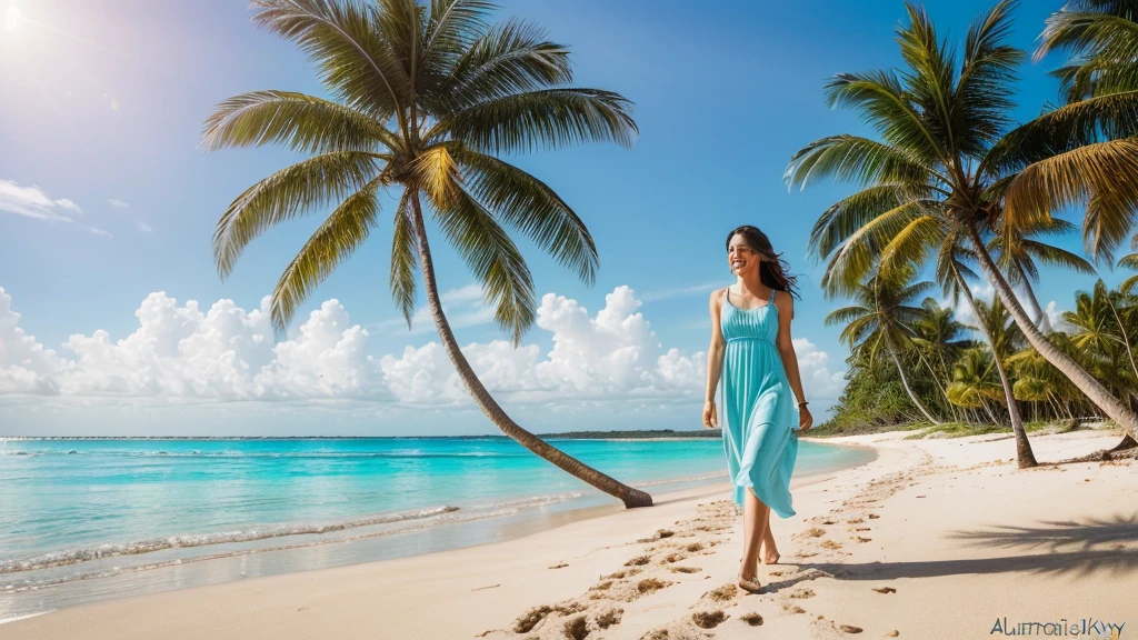 [[((A stunning image of a young, attractive woman with an elegant yet casual style, walking confidently on a beautiful tropical beach. She is wearing a chic, flowy sundress that complements her relaxed and carefree vibe. The beach setting features soft, white sand, clear turquoise water, and gently swaying palm trees under a bright, sunny sky. The scene captures the essence of Allurist’s journey, emphasizing the simplicity and joy of life’s moments, aligning with our brand’s allure and elegance:1.6)). The background should highlight the serene beach environment with professional lighting and composition. The image should be in ((8K resolution:1.5)) with ((hyper-realistic detail:1.6)). The focus is entirely on the woman and the picturesque beach setting, creating a harmonious and inviting atmosphere.]]

