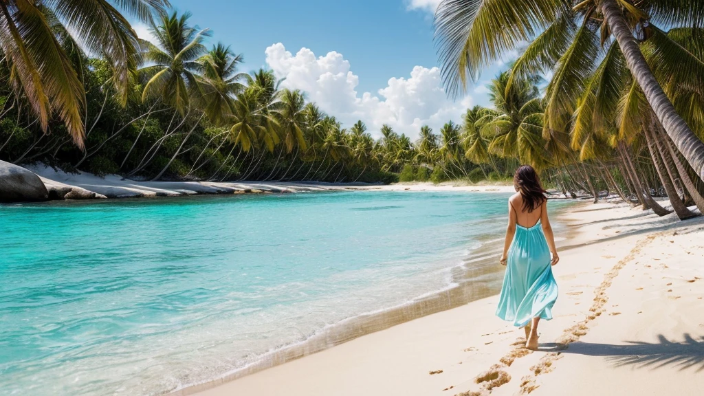 [[((A stunning image of a young, attractive woman with an elegant yet casual style, walking confidently on a beautiful tropical beach. She is wearing a chic, flowy sundress that complements her relaxed and carefree vibe. The beach setting features soft, white sand, clear turquoise water, and gently swaying palm trees under a bright, sunny sky. The scene captures the essence of Allurist’s journey, emphasizing the simplicity and joy of life’s moments, aligning with our brand’s allure and elegance:1.6)). The background should highlight the serene beach environment with professional lighting and composition. The image should be in ((8K resolution:1.5)) with ((hyper-realistic detail:1.6)). The focus is entirely on the woman and the picturesque beach setting, creating a harmonious and inviting atmosphere.]]

