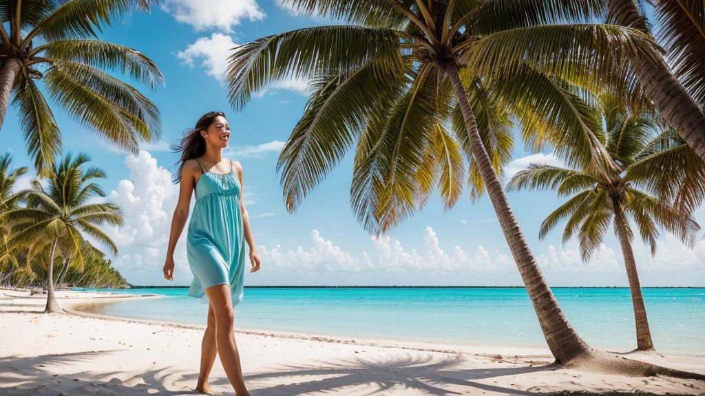 [[((A stunning image of a young, attractive woman with an elegant yet casual style, walking confidently on a beautiful tropical beach. She is wearing a chic, flowy sundress that complements her relaxed and carefree vibe. The beach setting features soft, white sand, clear turquoise water, and gently swaying palm trees under a bright, sunny sky. The scene captures the essence of Allurist’s journey, emphasizing the simplicity and joy of life’s moments, aligning with our brand’s allure and elegance:1.6)). The background should highlight the serene beach environment with professional lighting and composition. The image should be in ((8K resolution:1.5)) with ((hyper-realistic detail:1.6)). The focus is entirely on the woman and the picturesque beach setting, creating a harmonious and inviting atmosphere.]]
