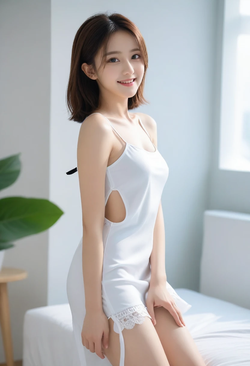8K, Ultra-high resolution, Highest quality, masterpiece, 三分割法によるphotograph,Surreal, photograph, 1 Girl, (:1.3), pretty girl, Cute face, Beautiful eyes in every detail, 細かくdetailedに,masterpiece,, One Girl:1.2, Virginia Otis 15 year old girl、美しい cyborg mixed maid female, Mecha Cyborg Girl,Mecha Body Girl,She wears a futuristic mech, victorian maid dress, from the front, From the skirt up,Cute kids room, bed room, bed,Beautiful leg line beauty,Full of sex appeal,Sensual,A carefree smile,Heal the heart,Short ponytail、beauty,Long neck、Laugh a little、Please close your mouth and laugh、(((Ideal body type))),A cup small breasts :2,、Portraiture:2、Perfect Anatomy、鮮明なdetailed、detailed、Surreal、Light and shadow,Strong light