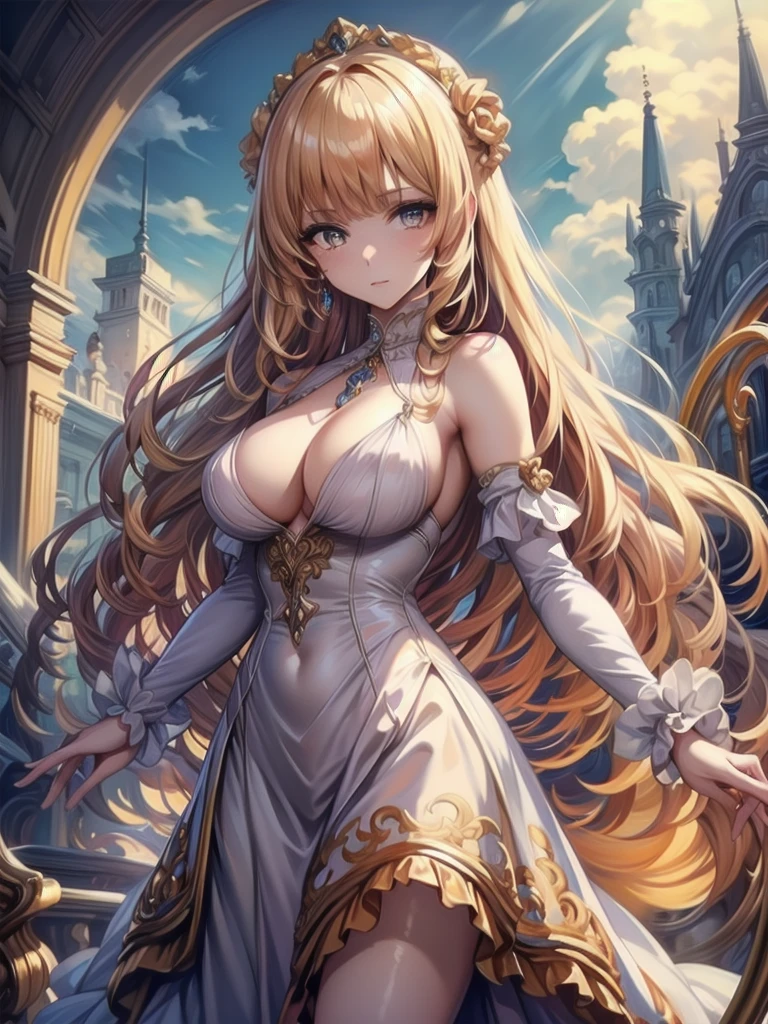 (((Very gorgeous and beautiful dress Agenta Rococo Victorian gown。It features a hoop skirt and a long hem.。))), (Female Solo :1.2:Huge breasts:1.2), (Expressive hair:1.2:Very voluminous、Very long hair:1.2), bangs, blonde, (whole body:1.3), (Super delicate face:1.3:masterpiece:1.3:Very detailed:1.3:Very delicate and beautiful:1.2:unity 16k wallpaper:1.1), (Moe anime art style:1.1),
