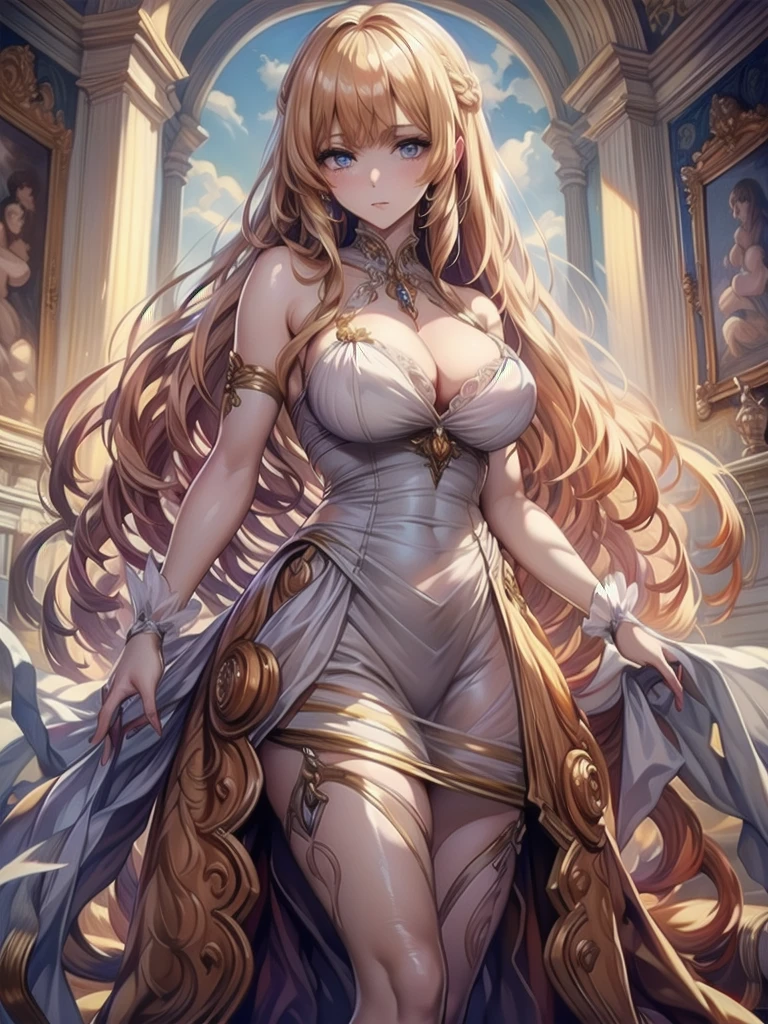 (((Very gorgeous and beautiful dress Agenta Rococo Victorian gown。It features a hoop skirt and a long hem.。))), (Female Solo :1.2:Huge breasts:1.2), (Expressive hair:1.2:Very voluminous、Very long hair:1.2), bangs, blonde, (whole body:1.3), (Super delicate face:1.3:masterpiece:1.3:Very detailed:1.3:Very delicate and beautiful:1.2:unity 16k wallpaper:1.1), (Moe anime art style:1.1),