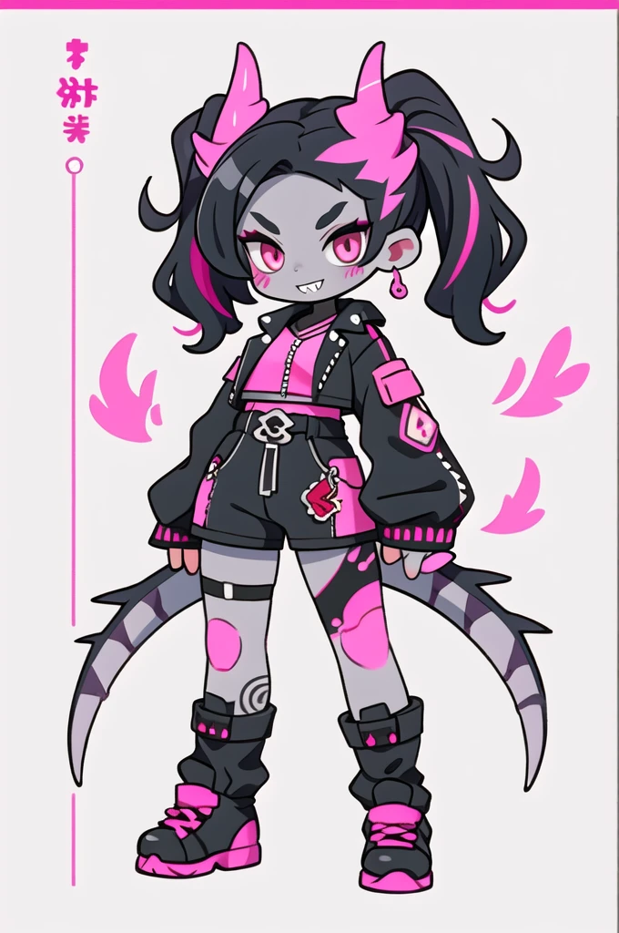 half dragon female with grey skin, with black hair pigtails style, with pink streaks, sharp teeth, biker outfit, dragon tail and dragon horns
