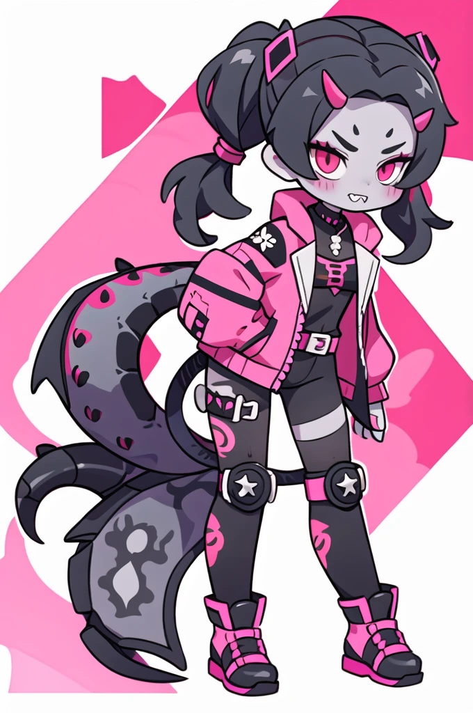half dragon female with grey skin, with black hair pigtails style, with pink streaks, sharp teeth, biker outfit, dragon tail and dragon horns