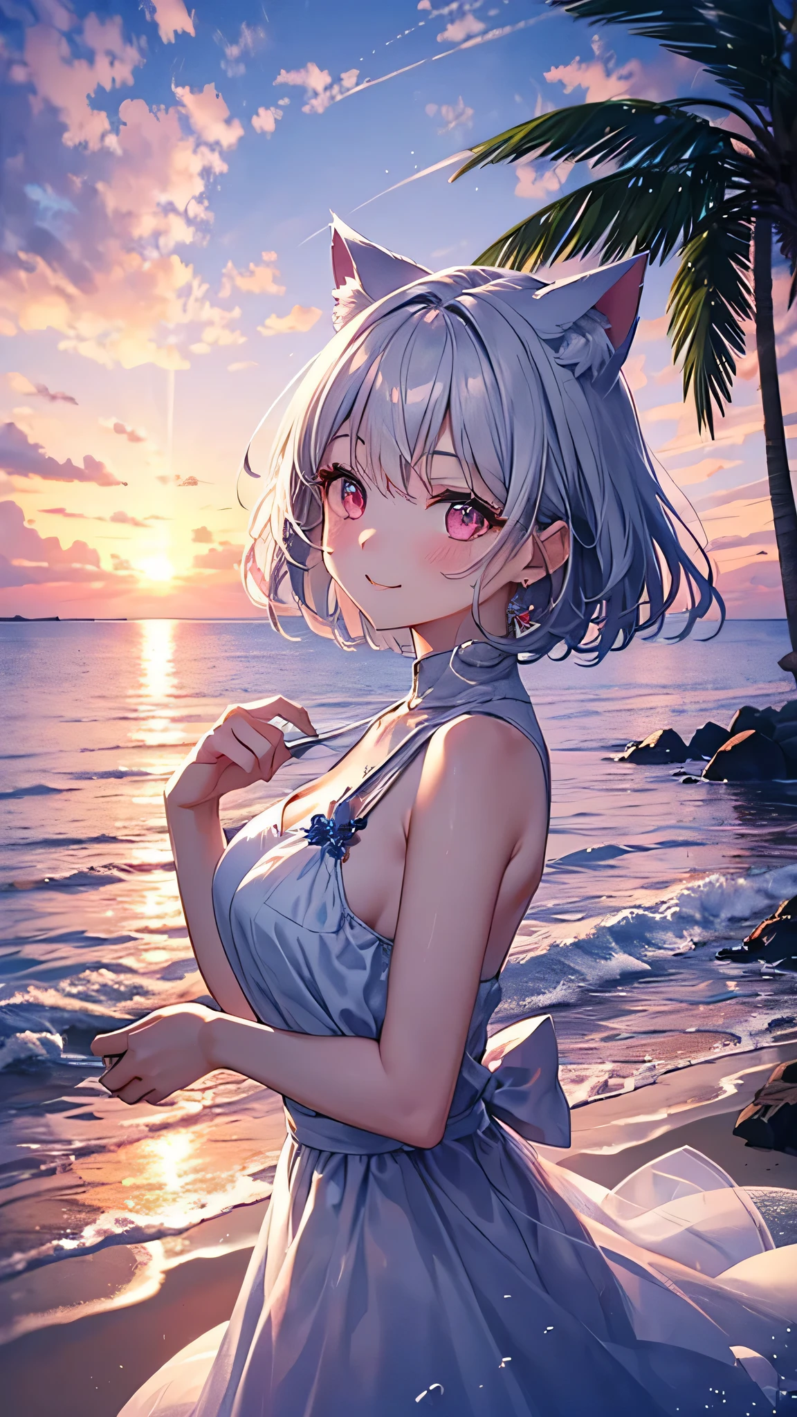Highly detailed face, water effects、Light effects,medium breasts,pretty girl,smile,Cat ear,Beautiful silver hair,Pink inside,Beautiful pink eyes ,an orange、pink there、Yellow blends to fill the sky、The sunset over the beach is truly mesmerizing。The crystal clear sea gently kisses the shore、White sand beaches stretch everywhere。Seagulls soar high into the sky、It is a dynamic and breathtaking scene with palm trees gently swaying。Embrace a calm atmosphere、Peace washes you,dress